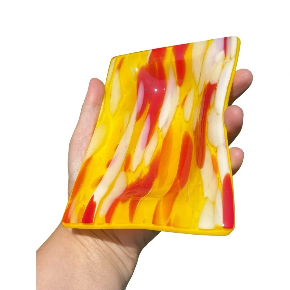 Unique Handmade Fused Art Trinket Dish‎ Tray Applied Glass 4